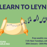 The text 'Learn to Leyn' is at the top of the image, with a graphic of a Torah scroll below it with music notes flying out of the right hand side.
